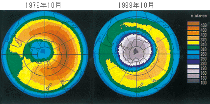 1979年10月、1999年10月の月平均オゾン全量の南半球分布