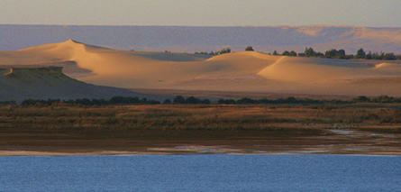 朝日を受けて幻想的に浮かび上がるワディラヤーンの砂丘と湖水