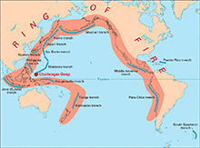 「リング・オブ・ファイア」と呼ばれる環太平洋火山帯。（Wikipediaより）