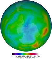 最新の南極上空のオゾンホールの状況（29 June 2017）。青から紫の領域がオゾン濃度が希薄な領域。（出典：NASA Ozone Watch）