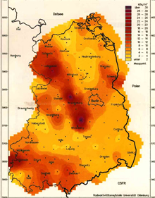 市民団体と協力して測定した旧東ドイツ地域におけるセシウム134と137の土壌汚染（1986年5月時点）