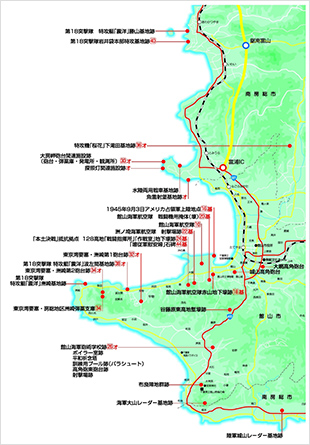 館山市内の戦争遺跡分布図。市内には47の戦争遺跡があり、なかでも赤山地下壕はAランクに評価されている。