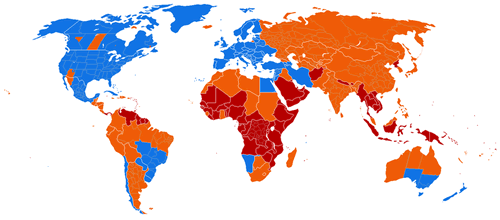 【図3】サマータイムの実施状況（青色は実施国、オレンジ色はかつて実施していたが、現在は実施していない国、赤色は一度も実施したことがない国）