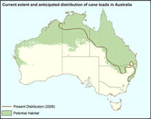 ケイントード繁殖分布図。茶色のラインまでは2008年に繁殖を確認。緑色の部分は、推定される生息適地分布。出典：オーストラリア環境省