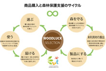 “木の出口”構想による森への資金環流の仕組み。商品の購入が森林保護支援のサイクルを回すことにつながる。[2]